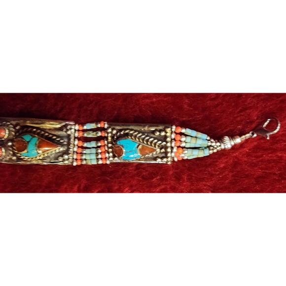 Sterling Silver .925 Coral, Turquoise Bracelet Balinese Made - Picture 5 of 10